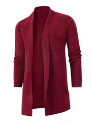 Burgundy heathered longline cardigan with pockets and open front.