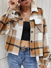 Camel plaid shacket with contrast collar, buttoned front, and chest pockets.