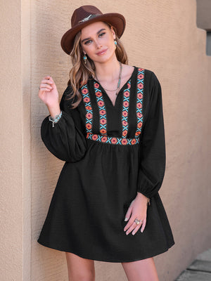 Black mini dress with embroidered yoke and balloon sleeves