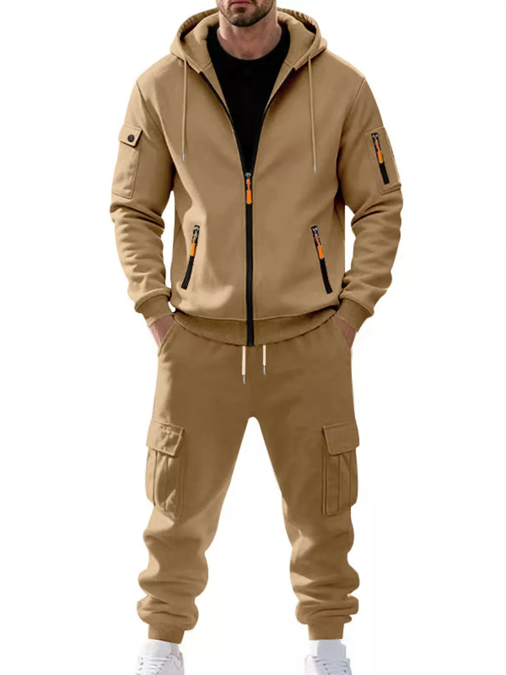 Men's Plus Size Casual Zip-up Hoodie And Cargo Pants Set in Dark Gray, front view