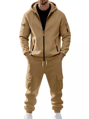 Men's Plus Size Casual Zip-up Hoodie And Cargo Pants Set in Dark Gray, front view