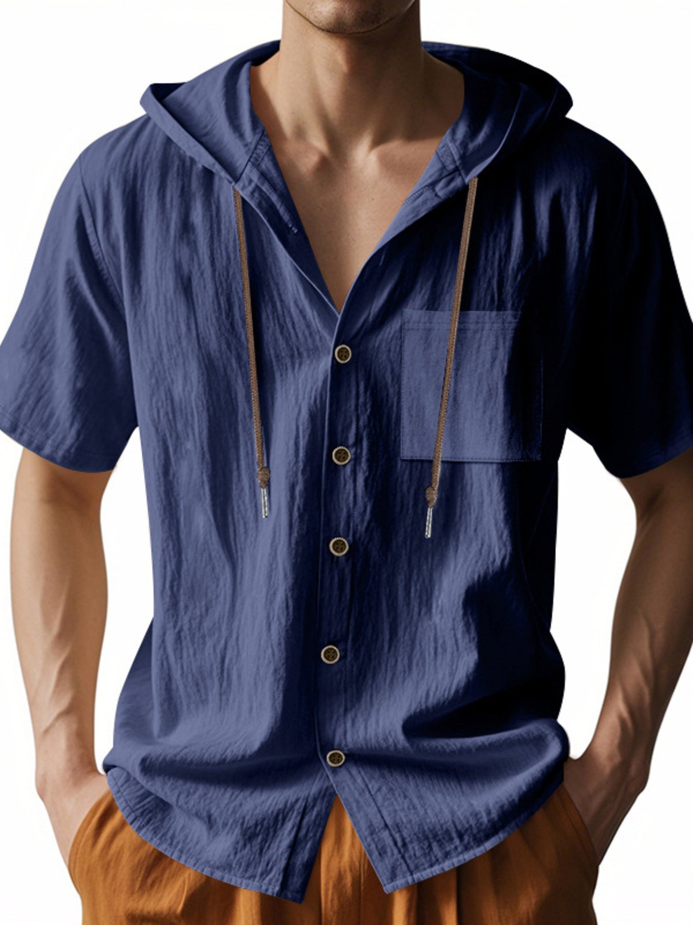 Men's navy blue short sleeve hooded shirt with button-down front and chest pocket.