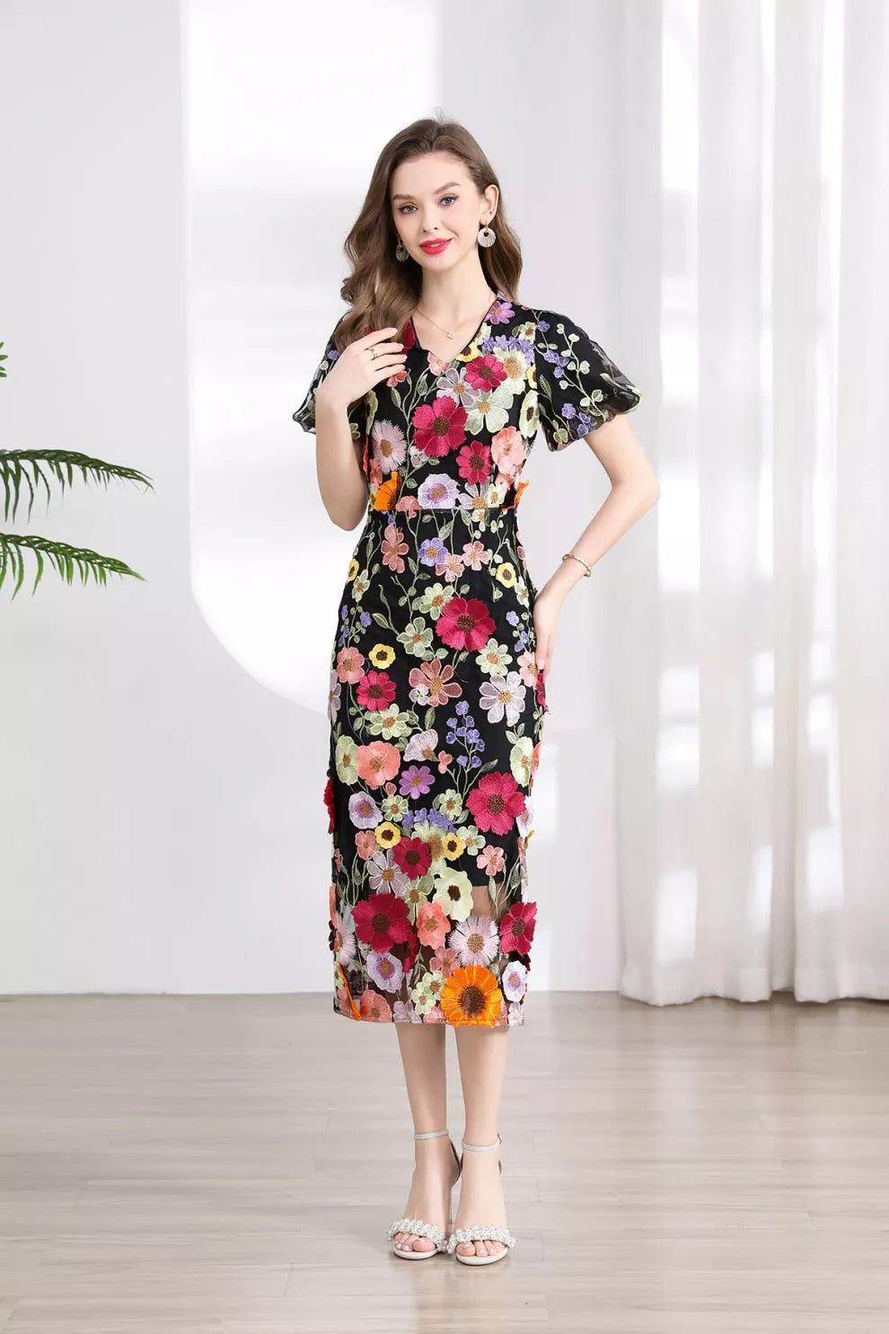 Embroidered Floral Puff Sleeve Midi Dress