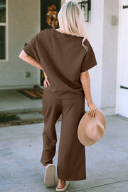 Textured knit tee and wide leg pants set in mocha, with short sleeves and a relaxed fit.