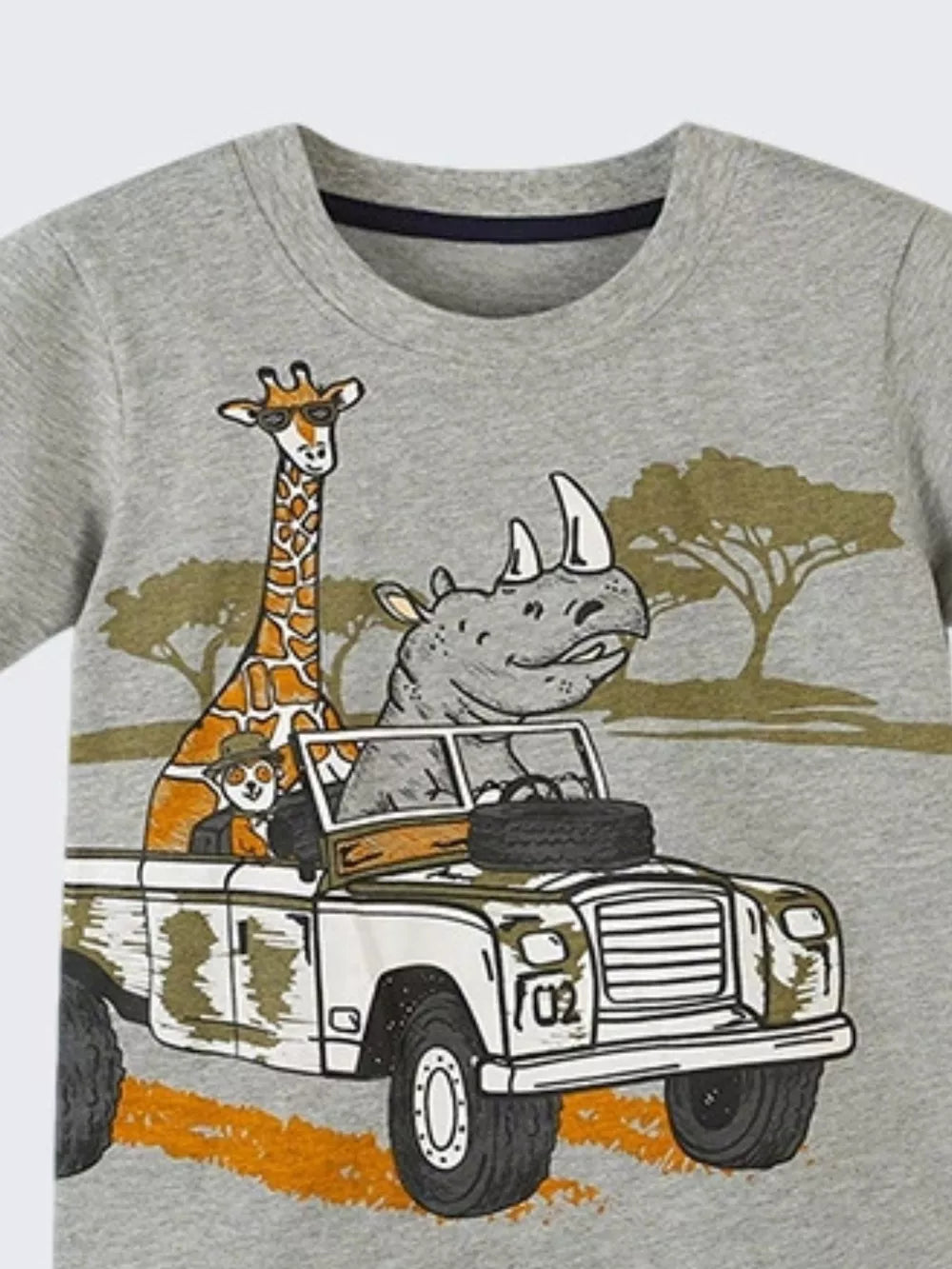 Grey cotton toddler t-shirt with safari animals in a jeep graphic print.