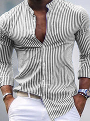 Men's slim fit cotton button-up shirt with band collar and black stripes.