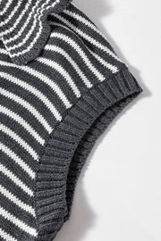 Gray striped knit polo vest with a mock neck and ribbed trim.