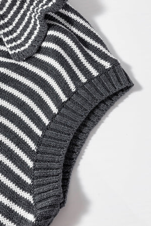 Gray striped knit polo vest with a mock neck and ribbed trim.