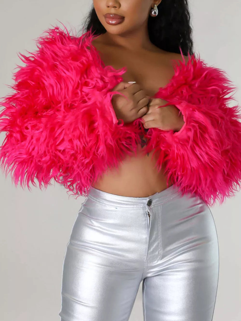 Faux Fur Open Front Cropped Outerwear in Red, view 15