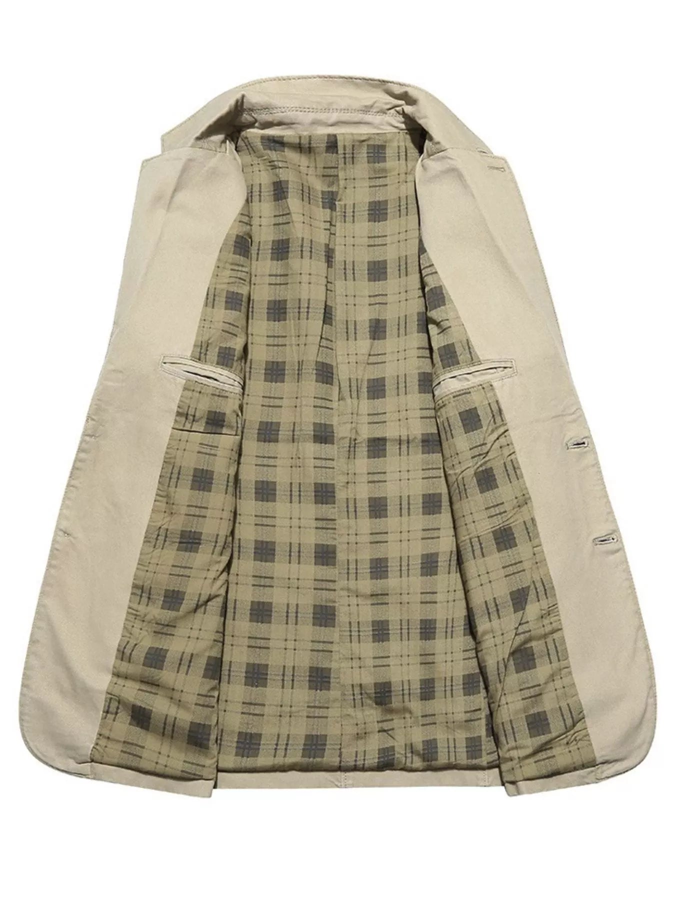 Light Khaki casual button-up blazer for men, cotton fabric, plaid lining
