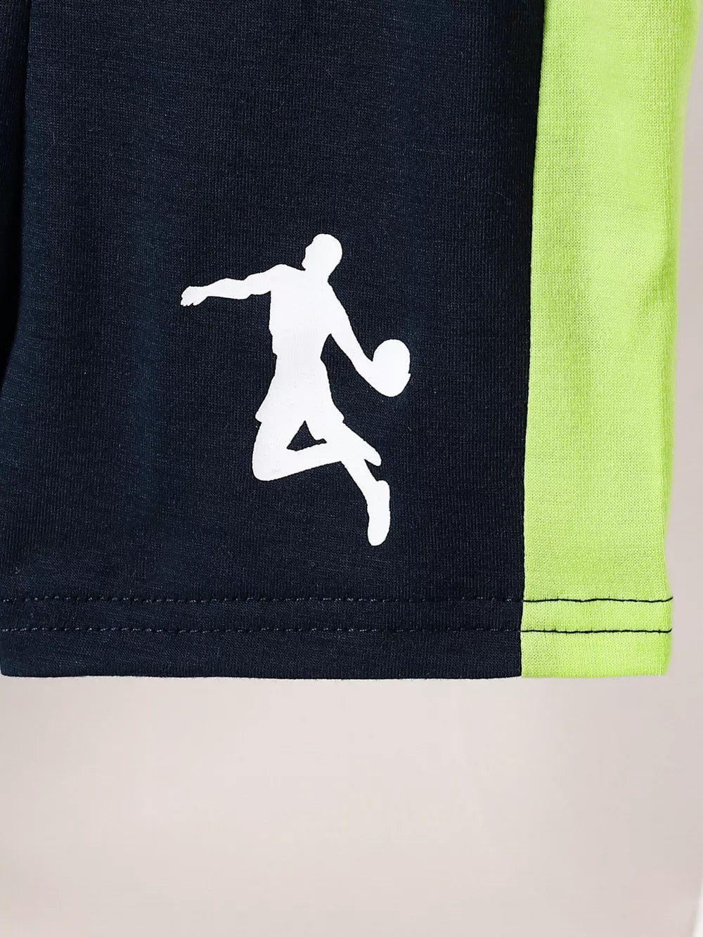 Baby basketball tank set in navy with white graphic and lime green side panel.