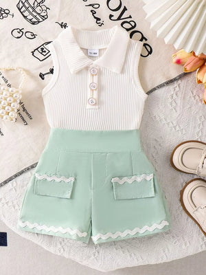 Children's Ribbed Knit Polo Top & Scalloped Shorts Set in Blue, product detail