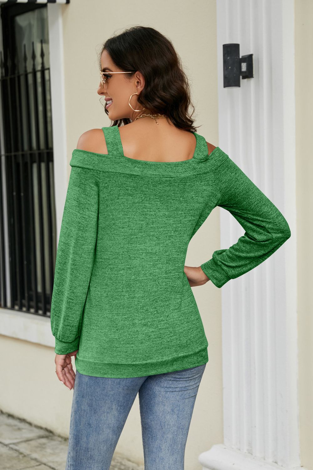 Green cold shoulder sweater with cutout neckline detail