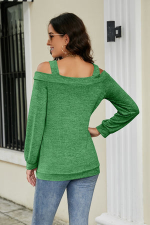 Green cold shoulder sweater with cutout neckline detail