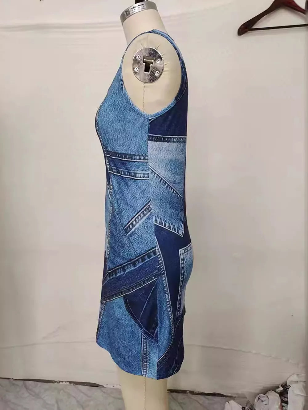 Patchwork Denim Sleeveless Mini Dress, back view