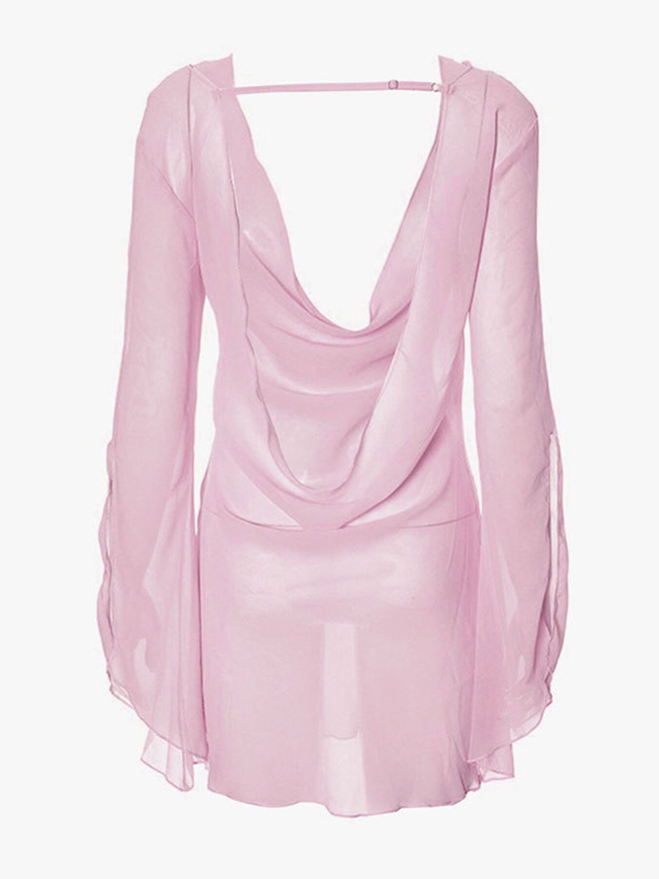 Pink chiffon backless mini dress with draped cowl neck and long sheer sleeves.