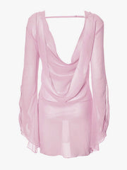Pink chiffon backless mini dress with draped cowl neck and long sheer sleeves.