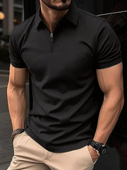 Black zip-neck polo shirt with short sleeves and modern tailoring details.