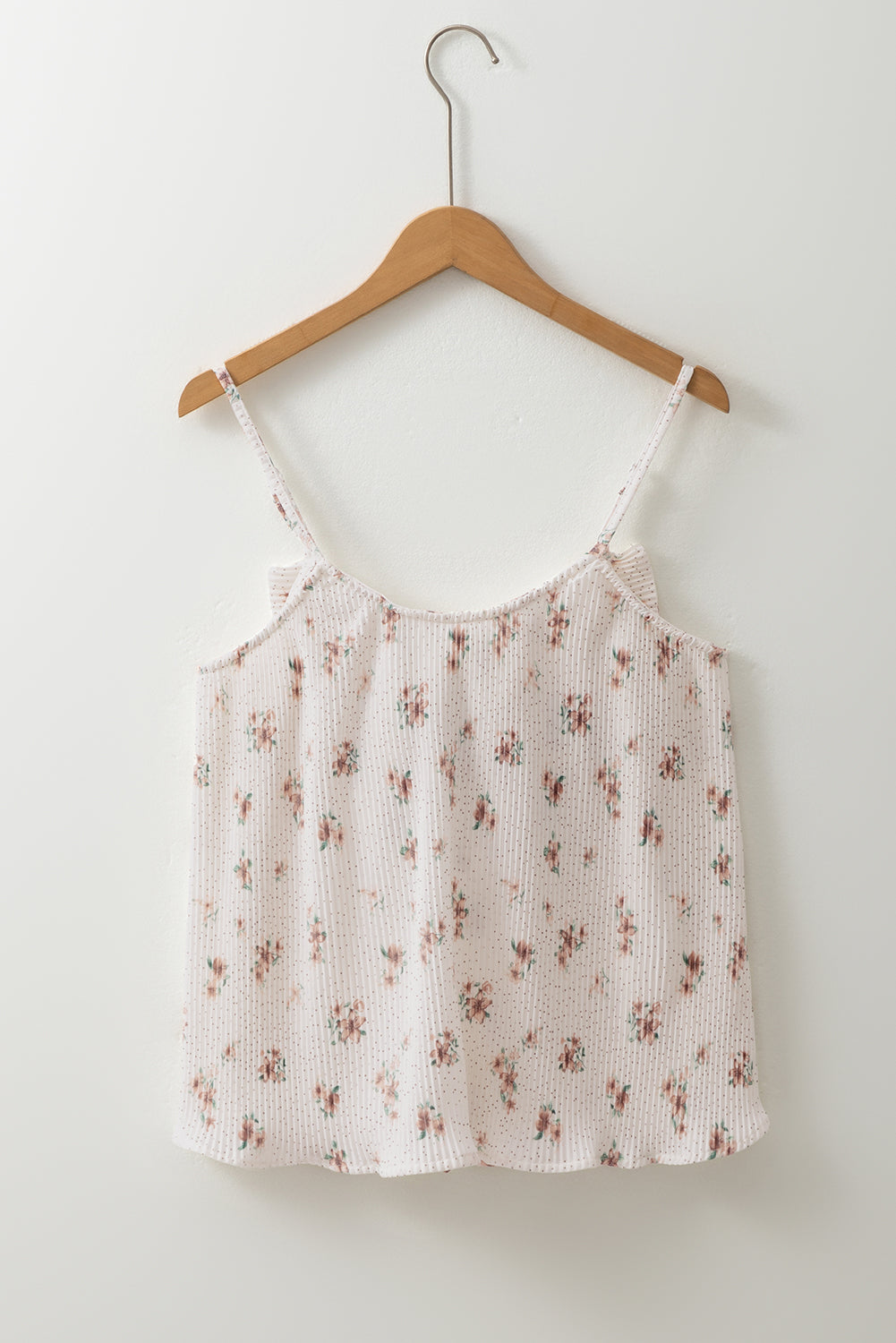 Floral pleated tank top with bow back detail and ruffled hem
