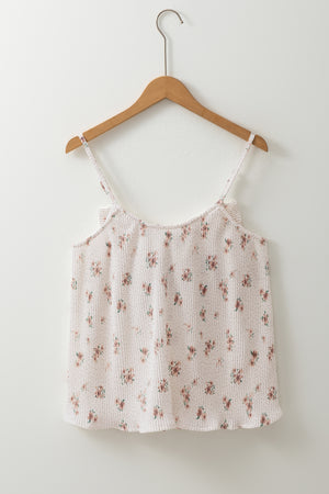 Floral pleated tank top with bow back detail and ruffled hem