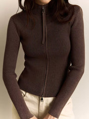 Chocolate ribbed zip-up cardigan with a mock neck and long sleeves.
