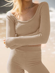 Textured ribbed scoop neck long sleeve top and matching pants in Dust Storm
