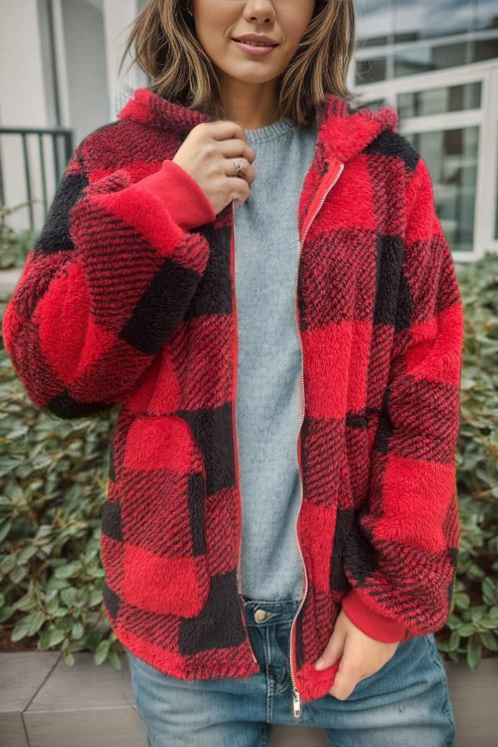 Red and black buffalo check sherpa zip-up jacket with hood and ribbed cuffs.