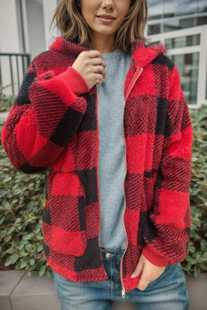 Red and black buffalo check sherpa zip-up jacket with hood and ribbed cuffs.