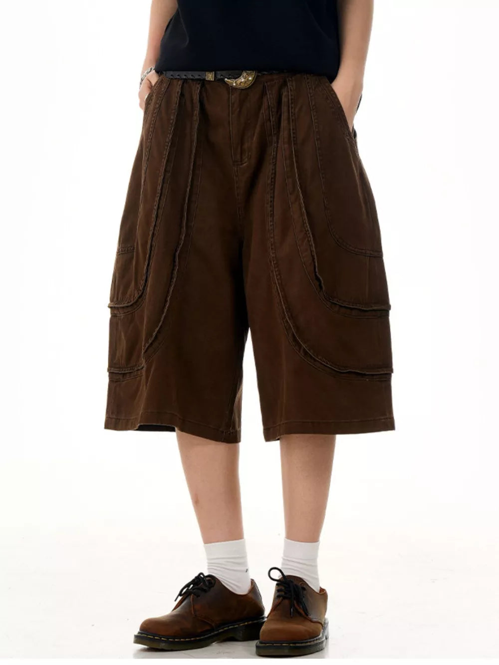 Men's Loose Fit Wide Leg Cargo Capris in Khaki, model styling view