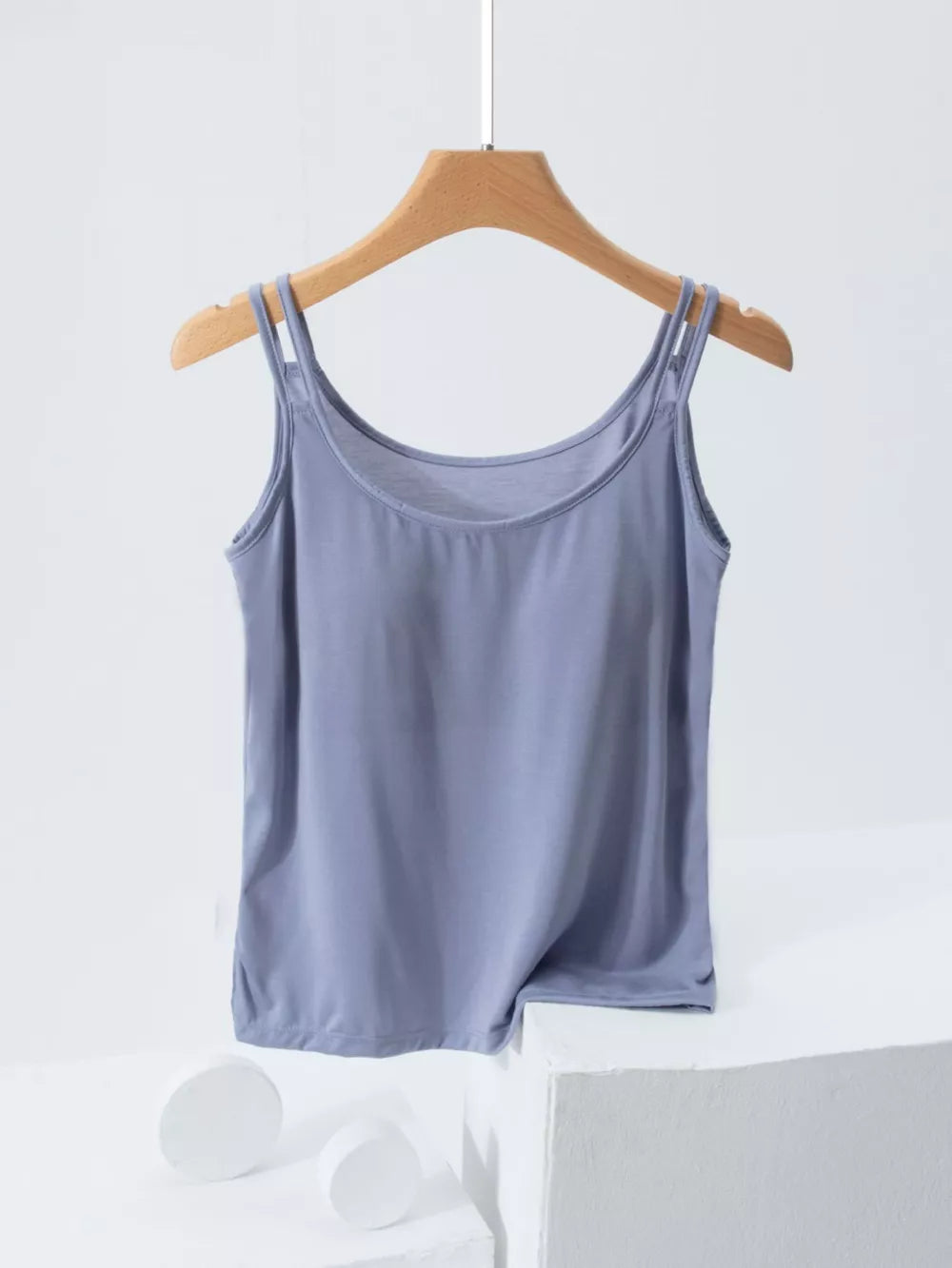 Smooth draped cami in Cure Blue with double straps and a scoop neckline.