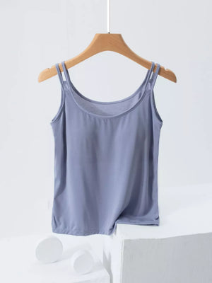 Smooth draped cami in Cure Blue with double straps and a scoop neckline.