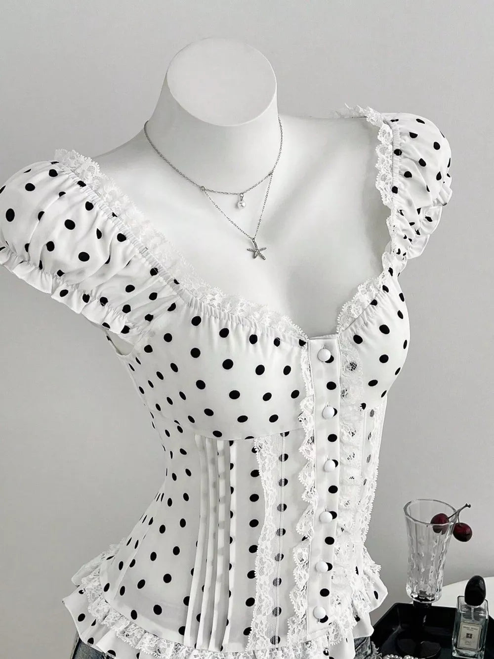 Polka Dot Lace Trim Cap Sleeve Blouse, side view