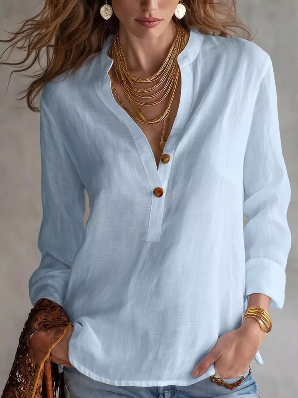Button Detail Long Sleeve Shirt in Apricot, side view