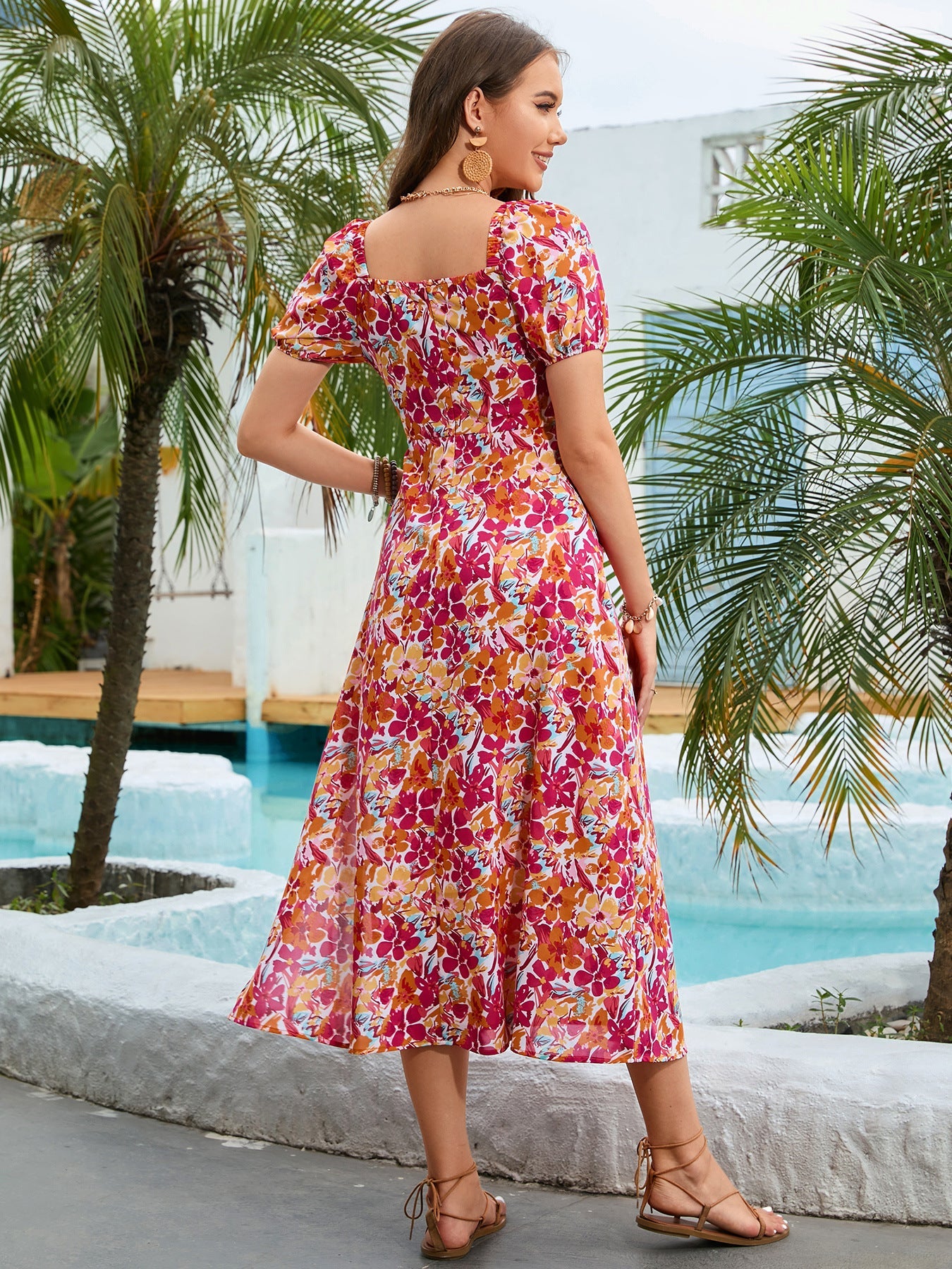 Floral puff sleeve midi dress with square neckline and A-line skirt in multicolor blooms.