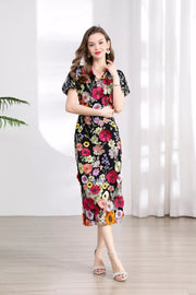 Embroidered Floral Puff Sleeve Midi Dress