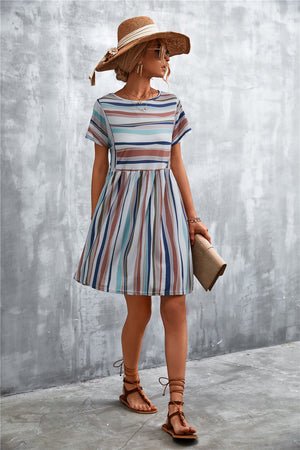 Striped yoke-seam trapeze dress with short sleeves and a round neckline.