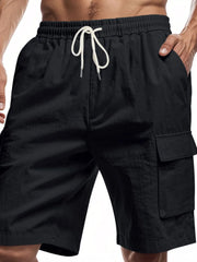 Black cargo shorts with drawstring waist and utility pockets.