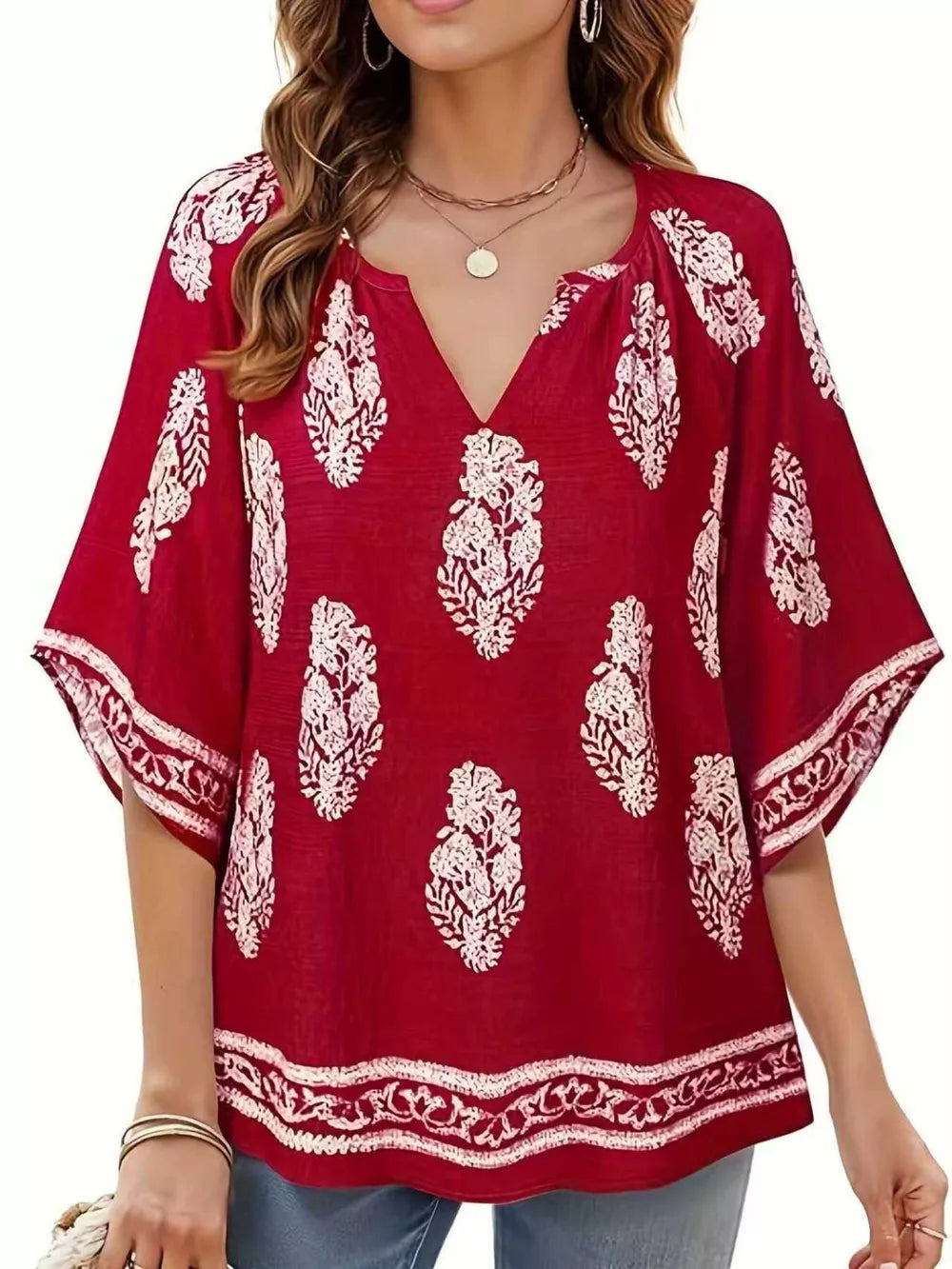 Printed Notched 3/4 Sleeve Blouse in Red, model styling view