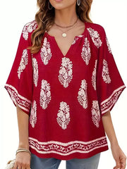 Printed Notched 3/4 Sleeve Blouse in Red, model styling view