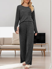 Dark Gray ribbed knit lounge set with long sleeves, crew neck, chest pocket, and wide-leg pants.