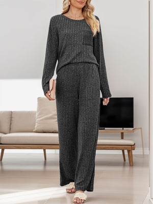 Dark Gray ribbed knit lounge set with long sleeves, crew neck, chest pocket, and wide-leg pants.