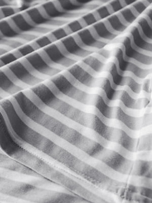Gray striped built-in bra tee with a soft, casual knit fabric.