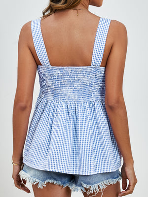 Blue gingham peplum tank top with smocked bodice and square neckline.