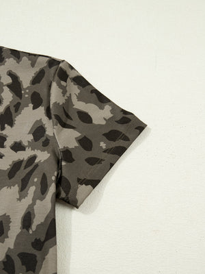Grey camo print short sleeve t-shirt with crew neck detail