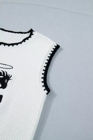 White knit sweater vest with black contrast trim and rodeo graphic detail.