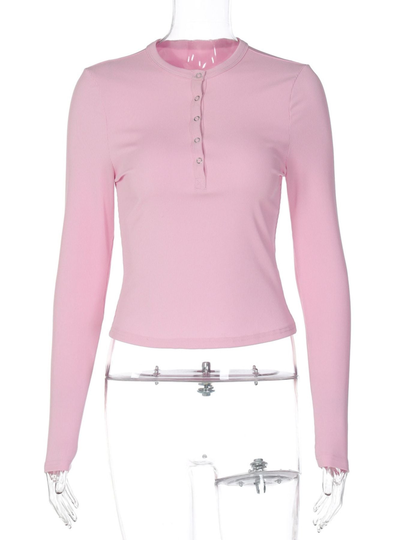 Buttoned ribbed long sleeve top in dusty pink with a crew neckline.