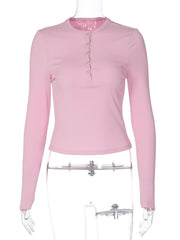 Buttoned ribbed long sleeve top in dusty pink with a crew neckline.