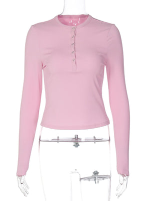 Buttoned ribbed long sleeve top in dusty pink with a crew neckline.