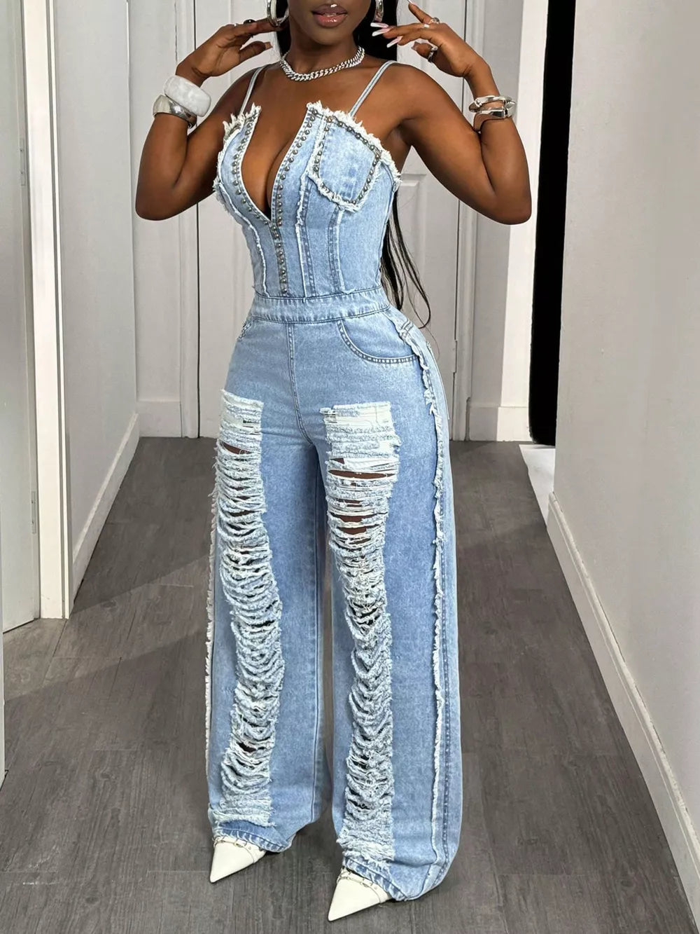 Distressed Spaghetti Strap Wide-leg Denim Jumpsuit, model styling view