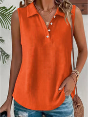 Full Size Waffle Knit Button Detail Sleeveless Top in Black, fabric detail